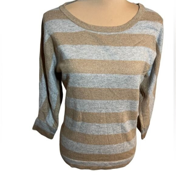 Garnet Hill Womens Sweater Size Small Gold Silver Metallic Stripe Cashmere Blend - Picture 1 of 7
